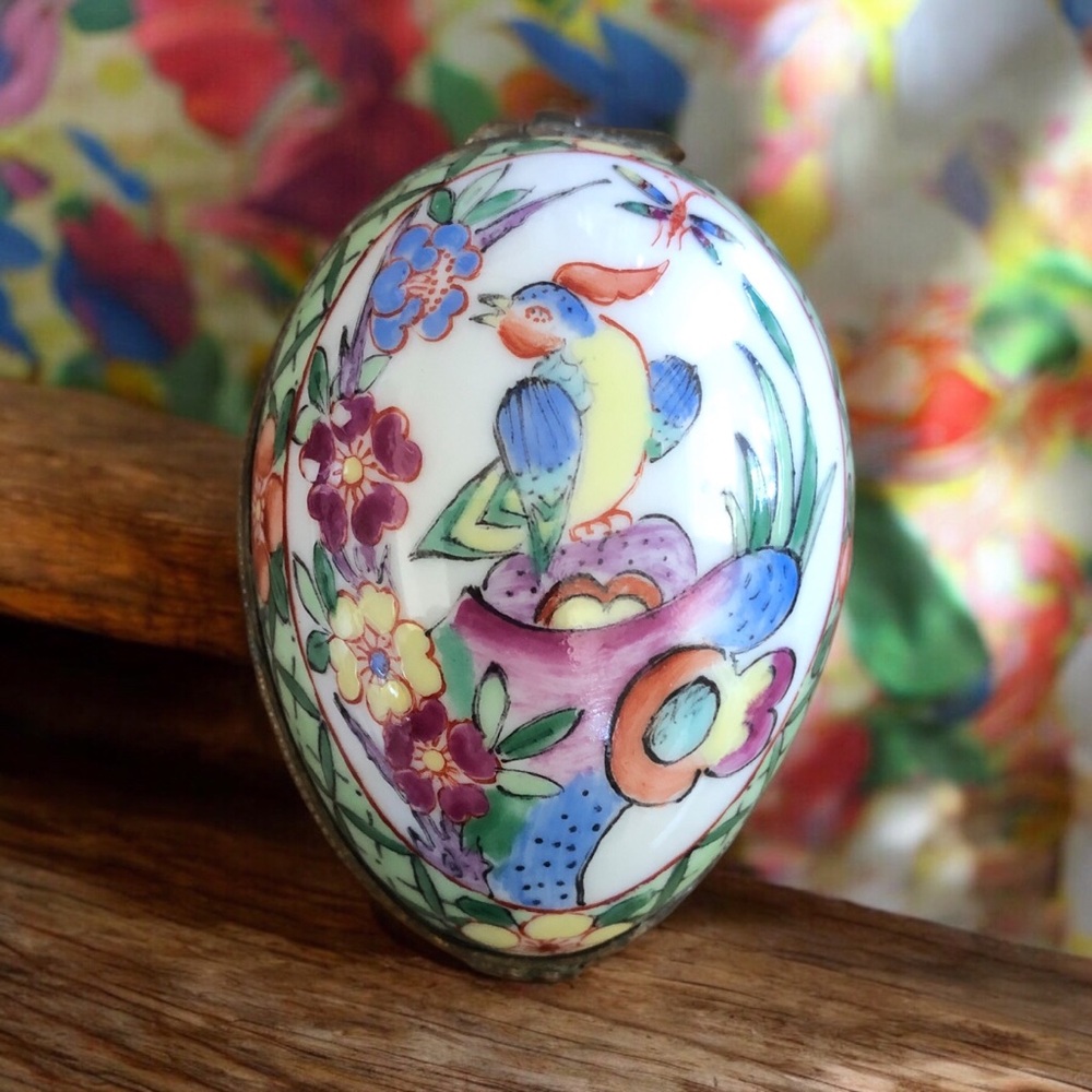 Vintage Limoges Porcelain Egg Shape Trinket Box Hand Painted Chinoiserie Floral